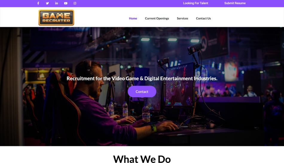 Game Recruiter website homepage screenshot, designed by Zoka Design